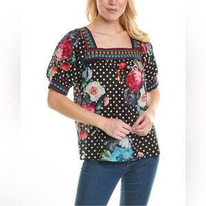 Johnny Was Polkalona square neck park blouse Large black floral polka‎ dot